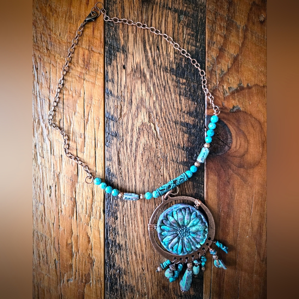 Rugged & Weathered Roman Inspired Empress Verdigris Clay & Turquoise Necklace - Picture 2 of 11